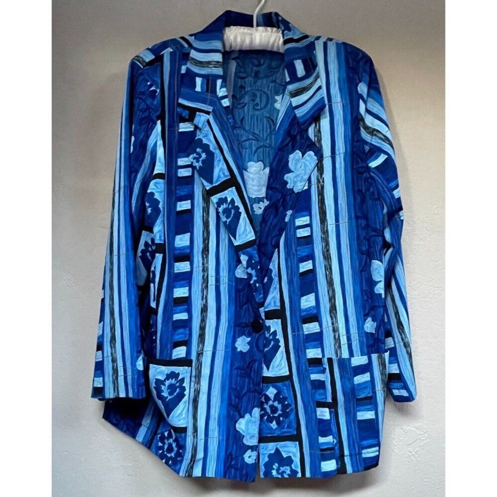 Vintage Richard Kristall Womens Blue Mixed Print Blazer Jacket Large Lightweight